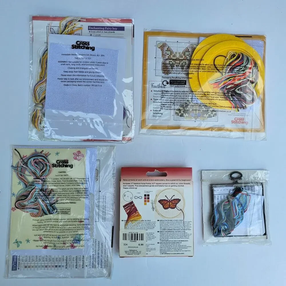 Lot of 5 CROSS STITCH KITs Fairy Butterfly Tea Cards Flower GIFT Bundle New DIY